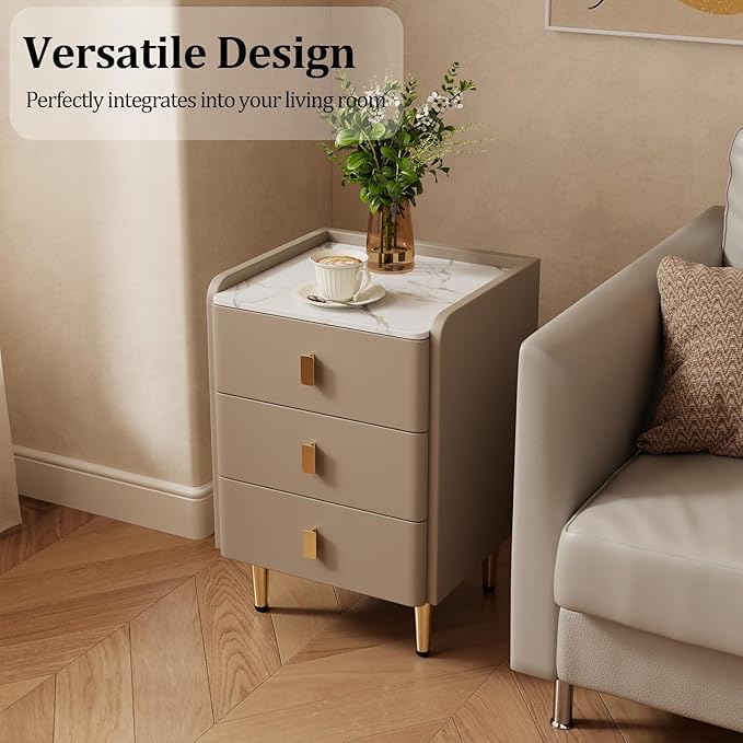 AQIMUELE Narrow Nightstand with Drawers, Narrow Side Table Leather, Small Bedside Tables for Bedroom. (Beige)