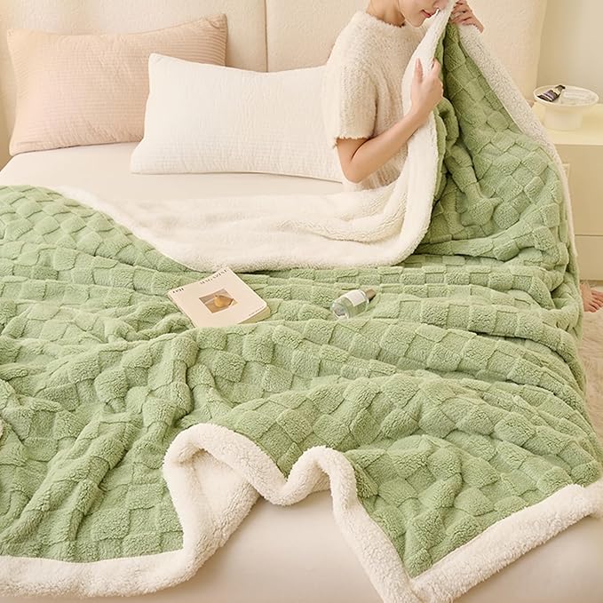 Sherpa Throw Blanket for Couch, Flannel Cozy Soft Thick Blanket for Bed - Fleece, Sage Green, 60x80 Inches