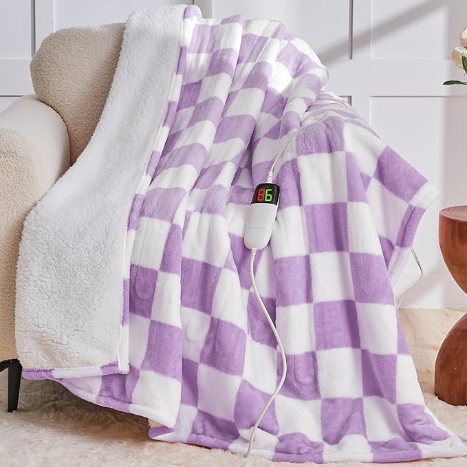 Heated Electric Blanket Throw, 50X60 Heating Blanket with 10 Heat Level & 8 Hours Auto Off for Lap, Light Purple Checkered Plaid Soft Sherpa Blankets for Mom Grandma Women Couch