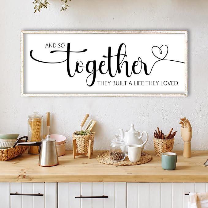 And So Together They Built A Life They Loved Sign Wall Decor 40"x15" Above Over Bed Master Bedroom Large Wood Framed Wall Hanging Art (White)