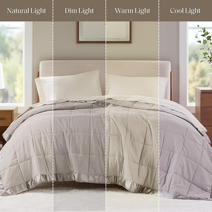 Madison Park Windom Down Alternative Blanket, Premium 3M Scotchgard Moisture Wicking Treatment, Lightweight and Soft Bed Cover For All Season, Satin Trim, Grey Full/Queen