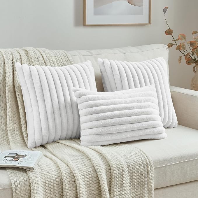 FUTEI White Decorative Throw Pillow Covers Set of 2, 12x20 Inch Soft Fluffy Faux Fur Plush Striped Lumbar Pillowcases, Modern Home Decor for Couch Bed Living Room