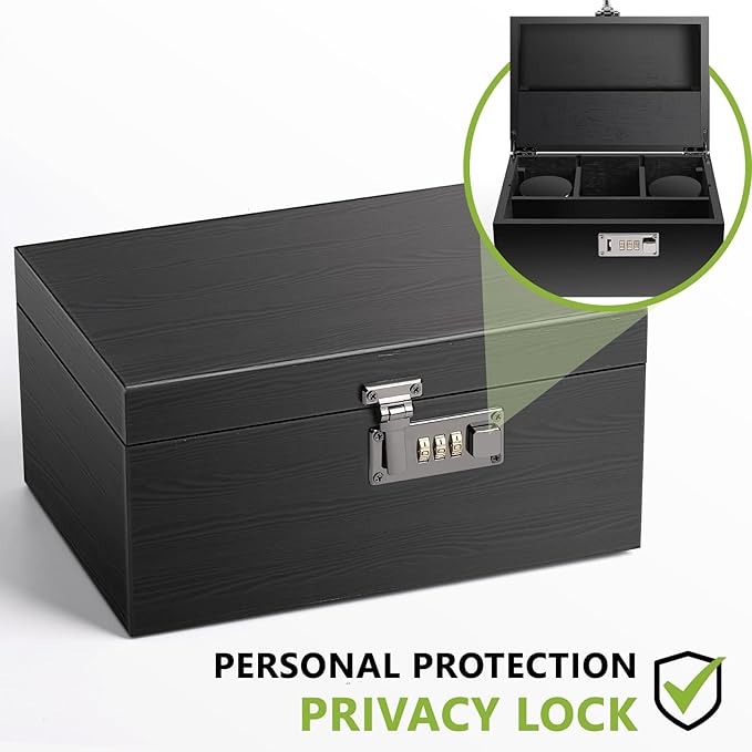 OZCHIN Large Bamboo Box with Combination Lock Decorative box for Home Great Gift Choice Storage Lockbox with Storage Jar, Gifts for Men Women (Black, 10 x 6.9 x 5 inches)