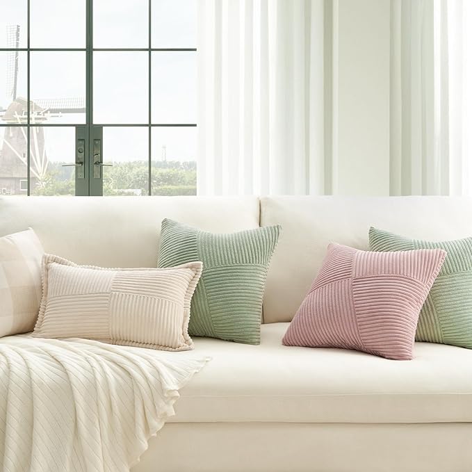 Topfinel 24x24 inches Sagegreen Euro Pillow Shams Set of 2 Corduroy Decorative Throw Pillow Covers for Bedroom Living Room, Windmill Textured Striped Patchwork Couch Pillow Covers 60x60 cm