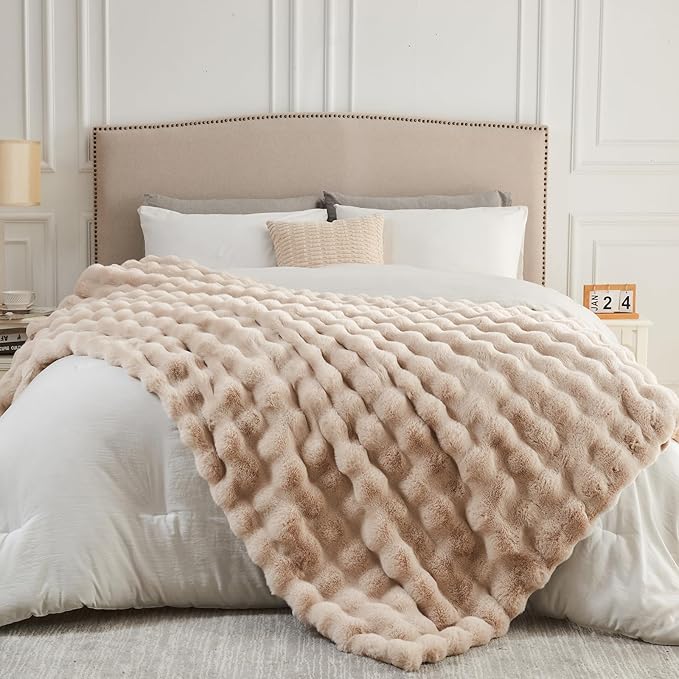 NEWCOSPLAY Faux Fur Twin Blanket Linen Luxury Fluffy Thick Warm Bubble Blanket for Couch Sofa Bed 1000GSM (Linen Bubble Thick, Twin(60"x80"))
