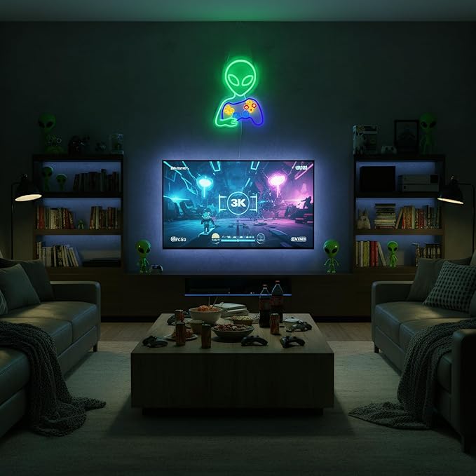 Alien Gamer Neon Sign, Dimmable Alien with Game Controller LED Lights for Game Room Wall Decor, Bedroom, Man Cave, Best Gamer Gifts for Teen Boys and Kids, 16 x 12 inch