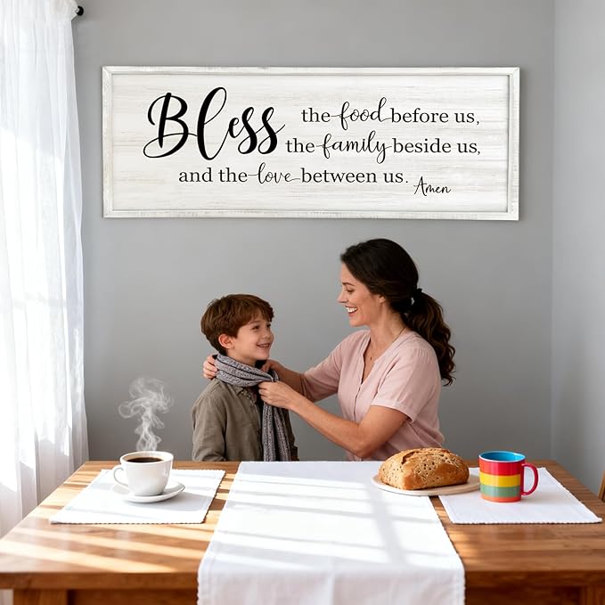 Bless the Food Before Us, the Family Beside Us, and the Love between us Framed Wall Art for Dining Room, 40''×15'' Holy Positive Religious Rustic Bible Verse for Christian God Jesus Christ Prayer