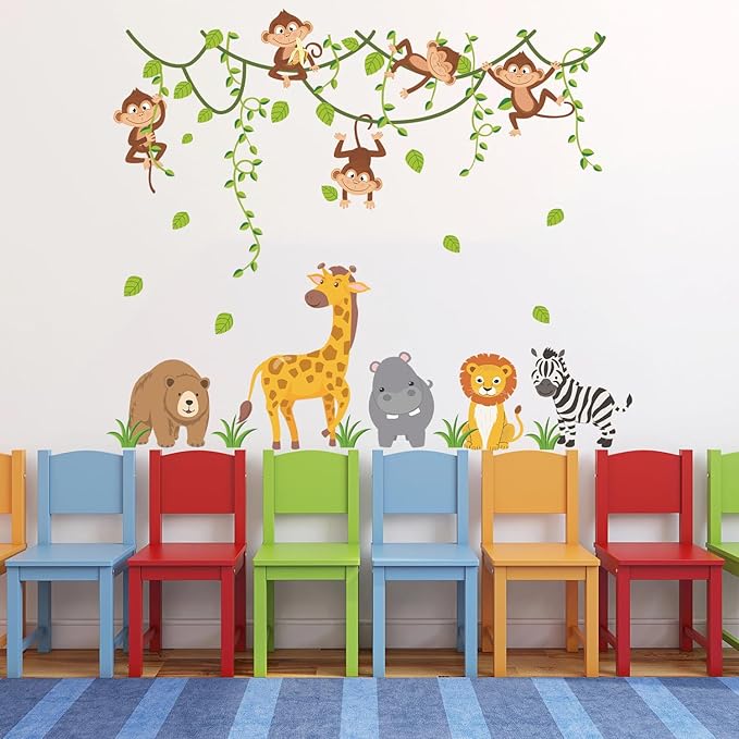 HLNIUC Jungle Themed Nursery Wall Decal 35”x24”Cartoon Safari Animals Wall Sticker Woodland Wildlife Monkey Giraffe Lion Window Cling Forest Tree Hanging Vine Room Stickers for Kids Room Bedroom Decor