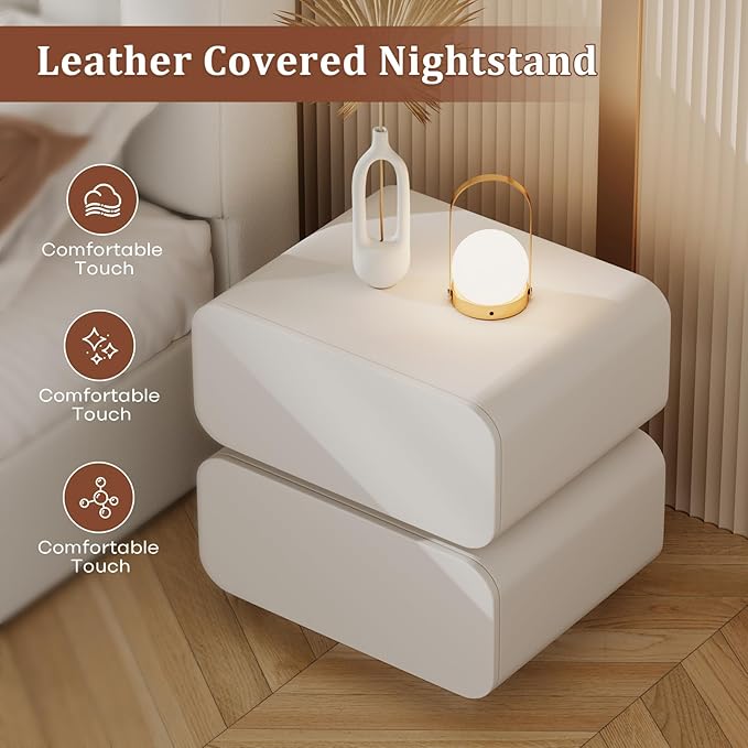 Nightstand with 2 Drawer, Bedside Table with Microfibre Leather, Fashion Night Stand for Bedroom, No Assembly Required (White, 2 Drawers Square)