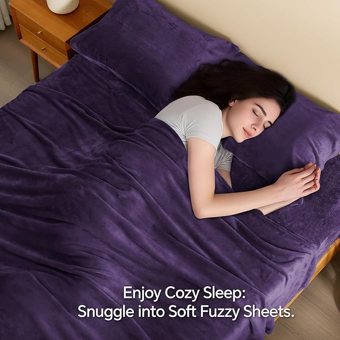 BEDELITE Flannel Sheets Queen Size Purple - Super Soft Fleece Sheets Set Fluffy Extra Plush, 4 Piece(Include Fitted Sheet, Flat Sheet, 2 Pillowcases)