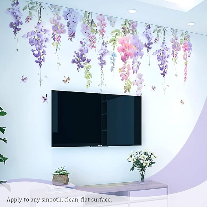 Purple Flowers Wall Decals Peel and Stick, Large Hanging Floral Vinyl Wall Stickers, Removable Vine Home Decor Art for Bedroom Living Room Classroom Office