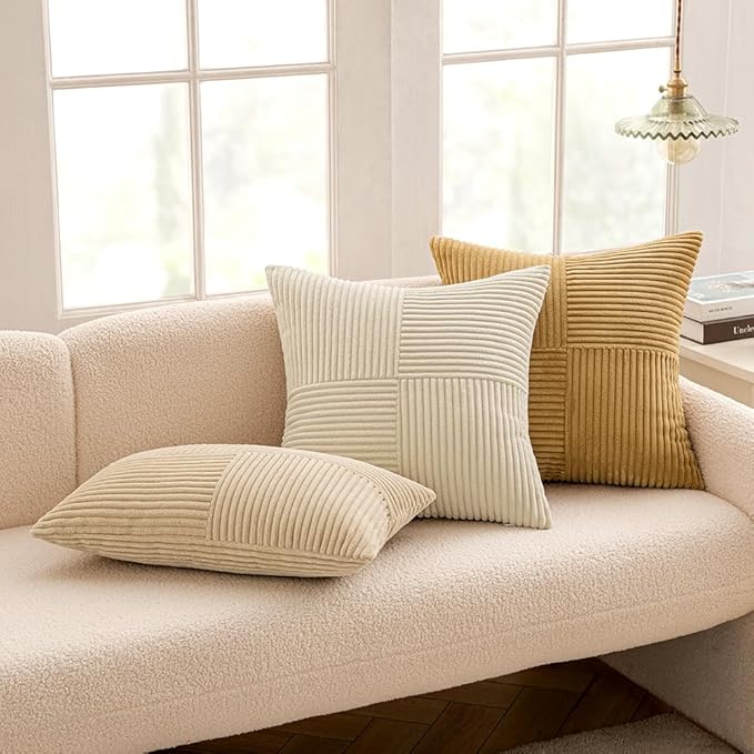 MIULEE Cream Decorative Throw Pillow Covers 16x16 Inch for Couch Bed Sofa Pack of 2 Boho Neutral Farmhouse Throw Pillows Soft Cross Corduroy Patchwork Textured Cushion Cases