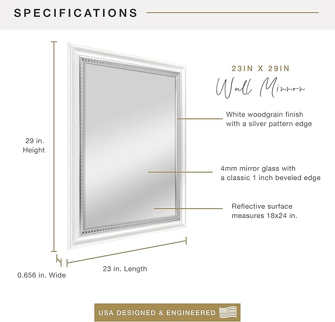 MCS 23x29 Large Wall Mirror, White Woodgrained Frame with Silver Embossed Detail & Beveled Detail Mirror, Vertical & Horizontal Wall Hanging Mirror for Bathroom, Bedroom & Livingroom