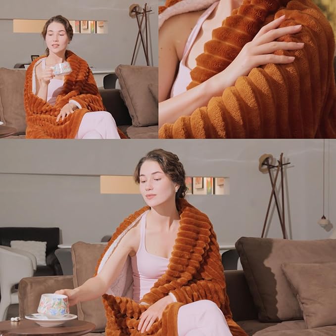 Burnt Orange Sherpa Fleece Throw Blanket 60”×80” for Couch Sofa Bed,Double Side Soft Cozy Plush Thick Flannel Blanket with Striped Design,Gift for Adults,Woman,Girls