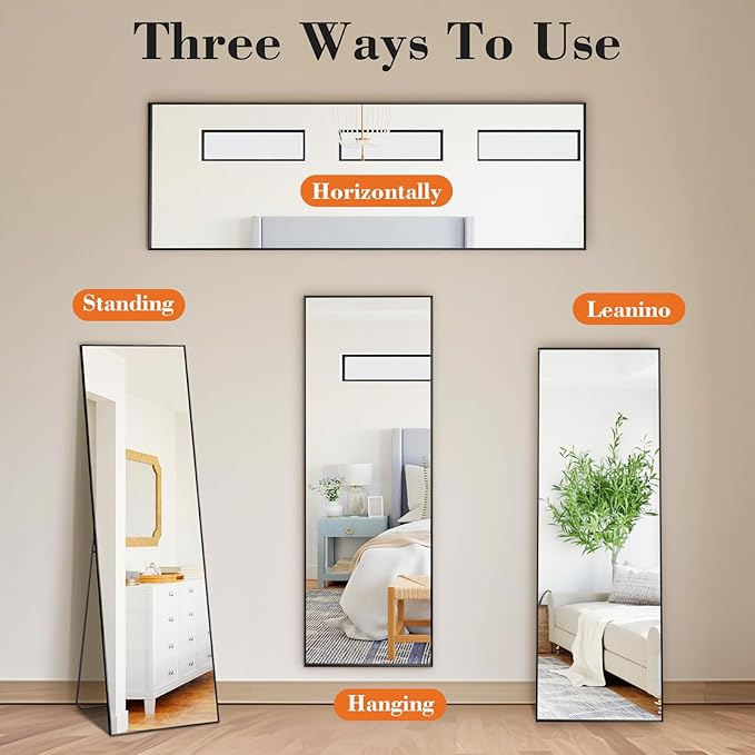 DUMOS Full Length Mirror 59"x16" Full Body Floor Mirror for Bedroom or Cloakroom, Can Stand Alone, Hang or Lean Against Wall, Tall Wall Mirror with Stand, Black