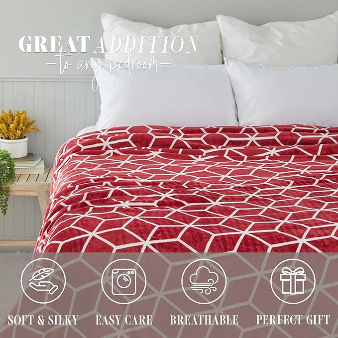Elegant Comfort Luxury Velvety Feel Blanket, All-Season Lightweight Blanket, Ultra Plush, Soft, Cozy-Fuzzy Flannel Fleece for Couch, Sofa, Bed, Travel, Cube Design, Full/Queen, Burgundy