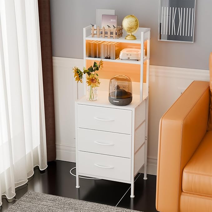 Fixwal Tall Nightstand with Charging Station, 41 Inch Led Night Stand with U-S-B Port & Socket, 3 PU Finished Fabric Storage Drawers, Office, Bed Side Table & Bookshelf in One, White