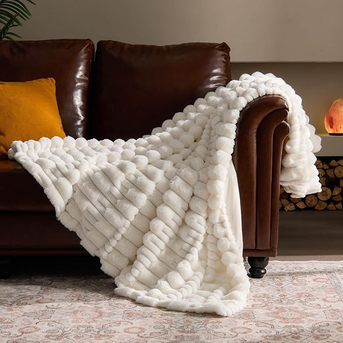 BEDELITE Faux Fur Cream Throw Blanket for Couch - Super Soft & Cozy Plush Striped Blanket for Sofa and Room Decor, Luxury Fluffy All-Season Blankets Gift for Women, Men, Mom, Dad, 50x60 inch, Cream
