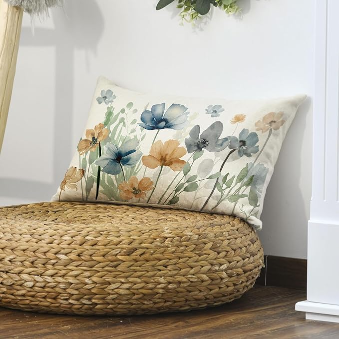AVOIN colorlife Poppy Flowers Chinoiserie Spring Throw Pillow Cover, 12 x 20 Inch Light Brown Blue Seasonal Leaves Cushion Case Decoration for Sofa Couch Farmhouse