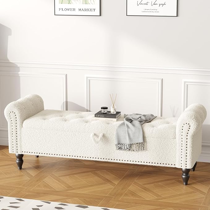 Furniliving 63” End of Bed Bench, Bedroom Bench with Button-Tufted, Large Upholstered Storage Ottoman Benches Entryway Bench with Storage Shoe Cabinet Bench, for Bedroom, Living Room, Faux Fur, White