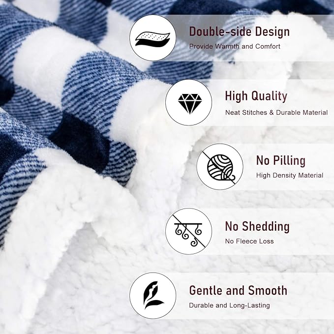 BEAUTEX Sherpa Fleece Throw Blanket, Super Soft Warm Buffalo Plaid Plush Blankets and Throws, Lightweight Cozy Fuzzy Blanket for Couch Sofa Bed (NavyBlue, 50" x 60")