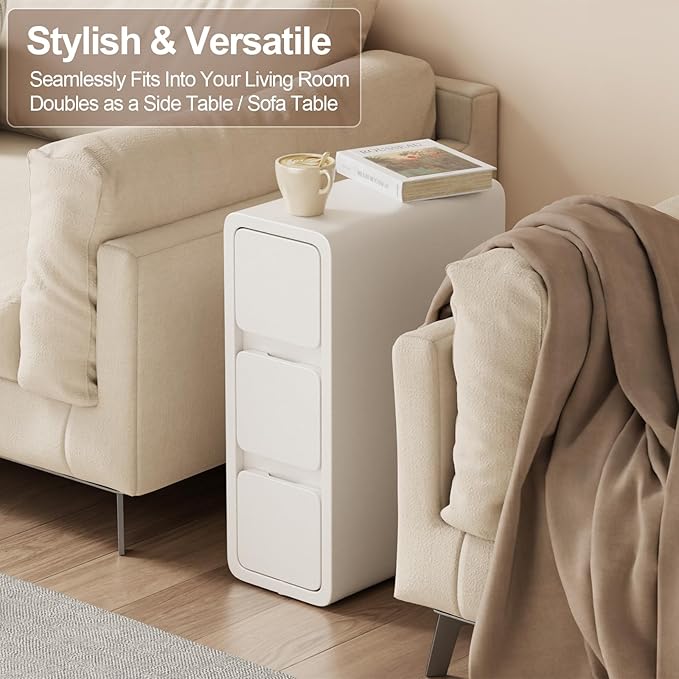 AQIMUELE Narrow Nightstand - Narrow Bedside Table with Drawers, Wood Small Nightstand with Leather Surface for Bedroom, White - 7.9" W