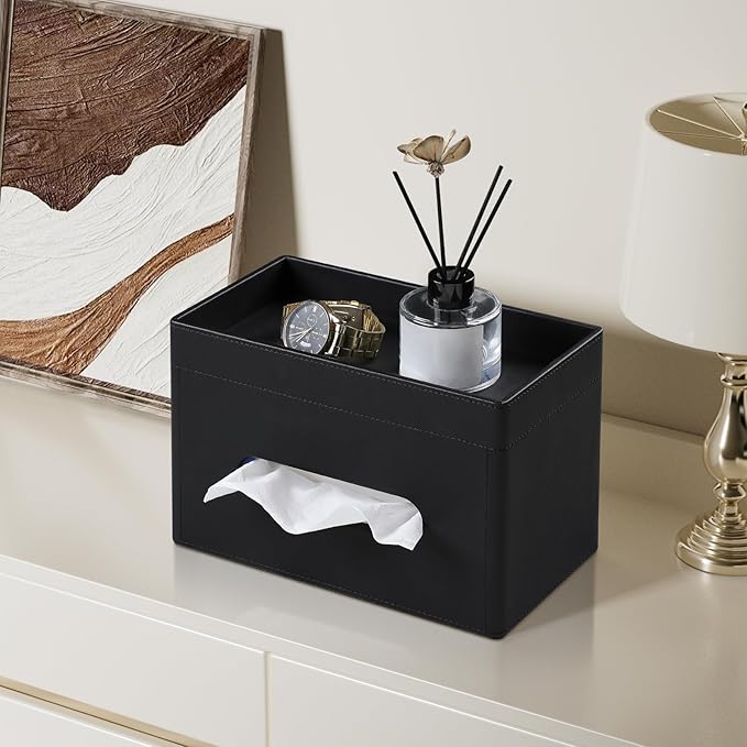 Plus Size Tissue Box Cover Rectangle, PU Leather Tissue Box Holder with Storage Tray, Decorative Organizer Tissue Holder for Bathroom, Bedroom Dresser, Night Stand, Office (Black)
