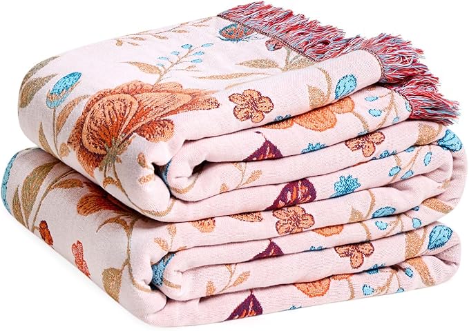 Boho Throw Blanket for Bed Cotton Spring Blankets Twin Size for Bedroom Living Room All Season Lightweight Floral Butterfly Embroidery Quilt for Couch Sofa Chair 60"x80" Home Decor
