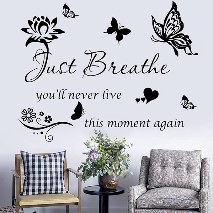Inspiring Positive Quotes Wall Sticker - Just Breathe Decals, Inspirational Art for Women Girls Bedroom Living Room - Encouragement Gifts Home Decoration