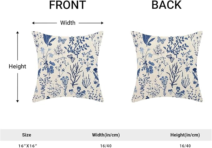 AEIOAE Summer Pillow Covers 16x16 Inch Set of 2,Navy Blue Wild Flower Plant Throw Pillows Case,Seasonal Floral Outdoor Decorative Square Linen Farmhouse Decor Cushion Covers for Home Couch Sofa Bed