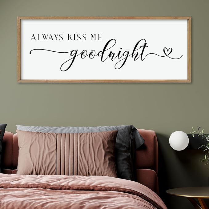 comurdyo Romantic Couple Always Kiss Me Goodnight Sign 40"×15" for Large Modern Rustic Love Theme Master Bedroom Above bed Wood Frame Horizontal Hanging Wall Art Decor (Wood)