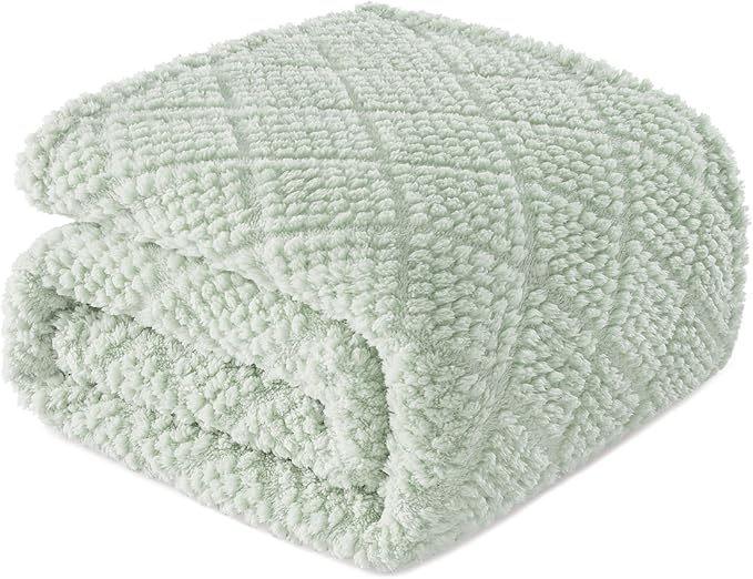 Whale Flotilla Fuzzy Fleece Throw Blanket for Couch, Bed, Soft Fluffy Jacquard Waffle Blankets for All Season, Lightweight and Warm, 50x60 Inch, Sage Green