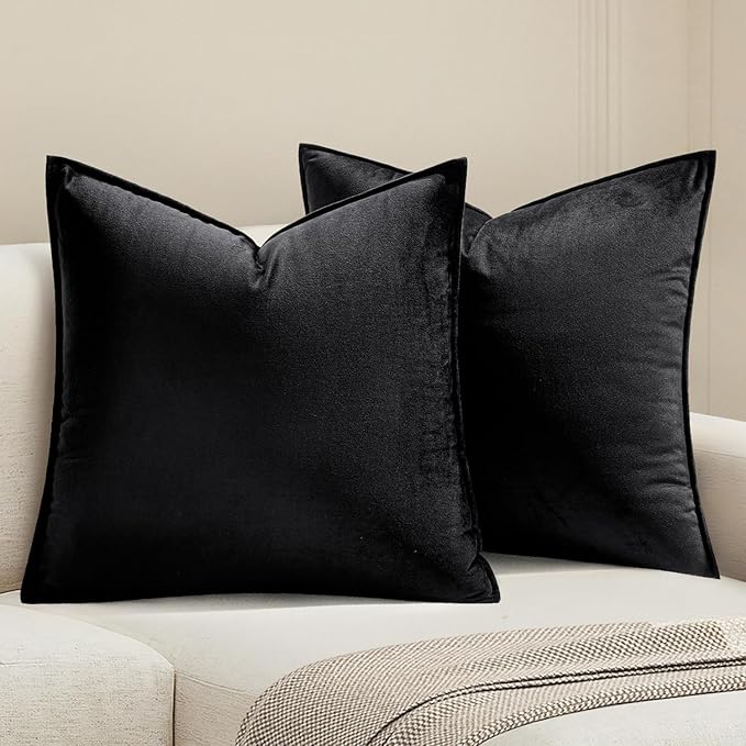 MIULEE Black Velvet Throw Pillow Covers 16x16 Soft Decorative Solid Square Cushion Cases Pack of 2 Modern Luxury Home Decor for Couch, Sofa, Bedroom
