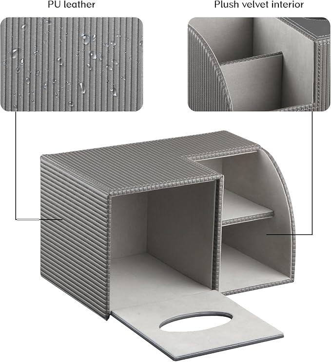 Fanousy Square Tissue Box Cover with Storage, PU Leather Cube Tissue Box Holder, Remote Control Nightstand Organizer, Modern Desk Caddy for End Table, Bathroom, Bedroom, Home, Office Decor(Grey)