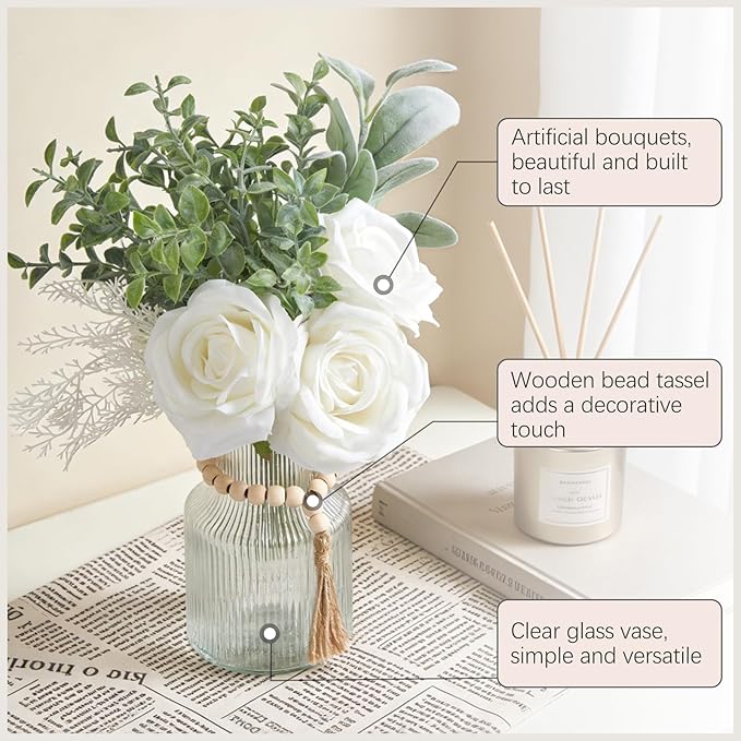 Mkono Fake Flowers in Vase, Artificial Flowers Centerpieces Coffee Table Decor Faux Flowers Arrangement for Home Decor Indoor Floral Bouquet for Bathroom Dining Kitchen
