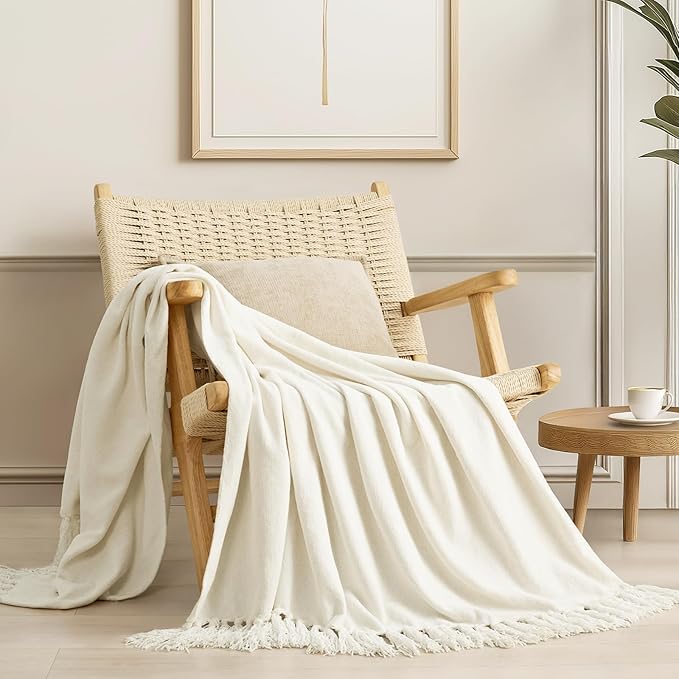 EverGrace Soft Chenille Throw Blanket for Couch, Cozy Plush Fuzzy Decorative Chenille Knit Throw Blanket with Tassels, Lightweight Blanket and Throws for Bed Sofa Gift Home Decor, Ivory White 60"x80"