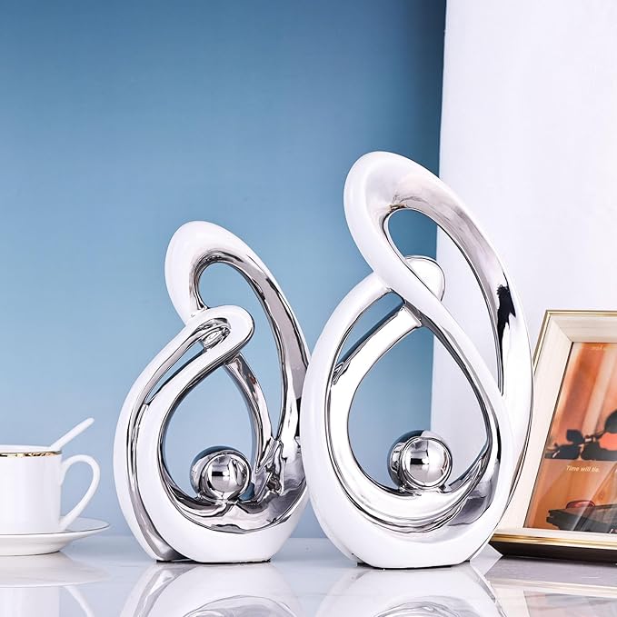 Home Decor Accent,Porcelain Art Mid Century Bookshelf Decorations,Gold Centerpieces for Tables,Abstract Ceramic Statue Sculpture for Coffee Table Mantel Tv Stand Centerpieces (White Silver, Large)