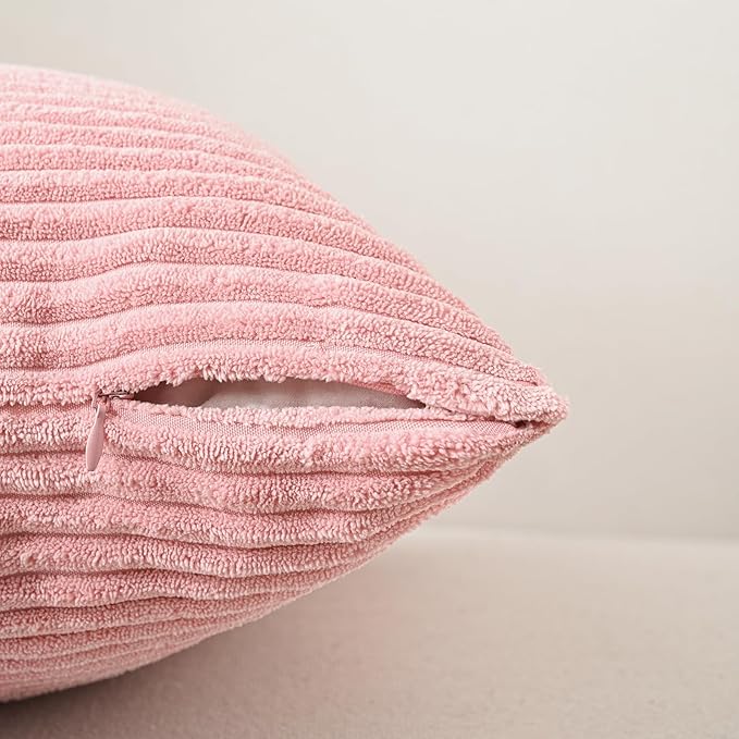 Volcanics Set of 4 Pink Corduroy Decorative Couch Throw Pillow Covers 18x18 Inch, Valentine's Day Farmhouse Striped Cushion Cases, Soft Boho Square Accent Pillow Covers for Home Sofa