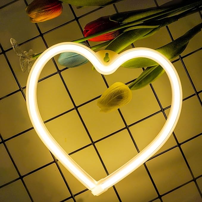 1-Pack Heart Neon Sign, Neon Heart Lights Battery Operated or USB Powered, LED Valentines Decoration Light for Valentines Day Wedding Proposal Anniversary Mothers Day Girl's Room Decor (Warm White)