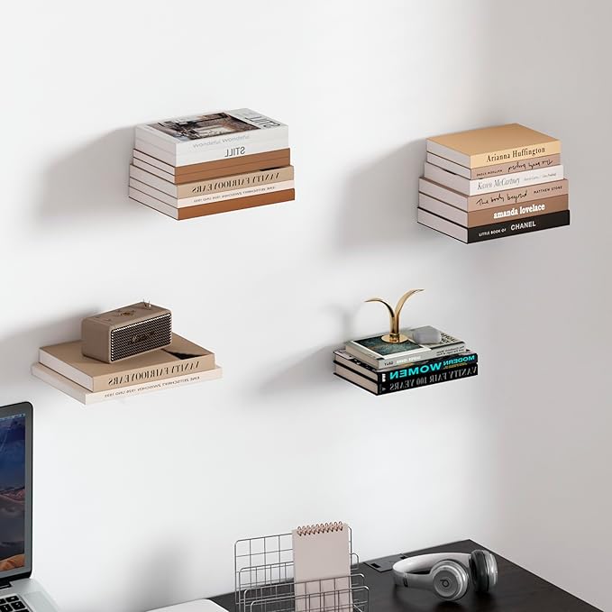 STORAGE MANIAC Floating Book Shelves for Wall Mounted Invisible Floating Bookshelves Heavy-Duty Steel Hidden Bookshelf Hanging Bookshelves for Bedroom Living Room Office, White 4-Pack