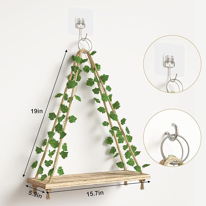 Fixwal Artificial Ivy LED-Strip Floating Shelves Set of 2, Macrame Hanging Shelves Plant Wall Decor, Rustic Boho Wood Wall Storage Shelves for Bedroom, Living Room, Bathroom Decor (Rustic Brown)