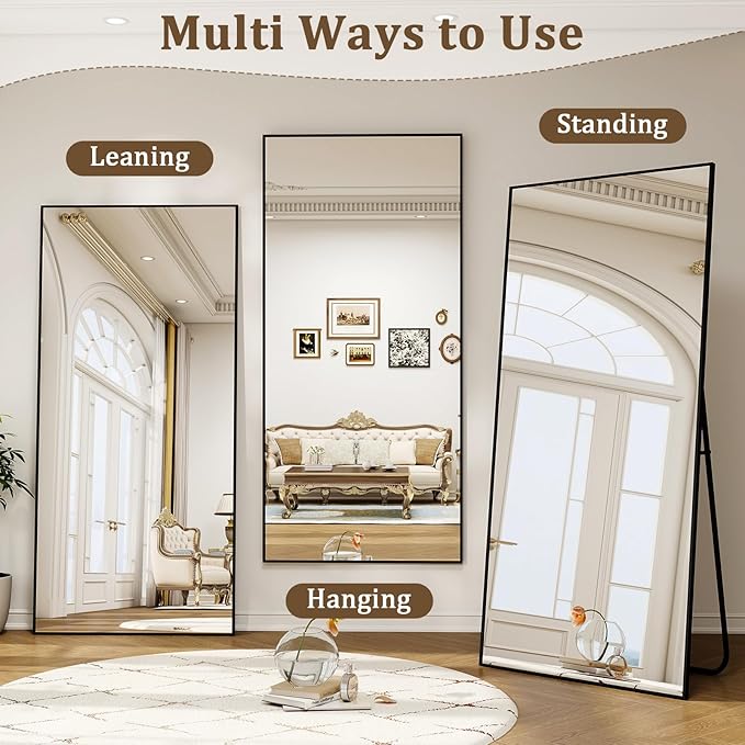76" x 34" Large Full Length Mirror with Stand, Standing/Leaning/Wall Mounted Full Body Floor Mirror for Bedroom, Living Room, Entryway, Cloakroom with Aluminum Alloy Frame Black