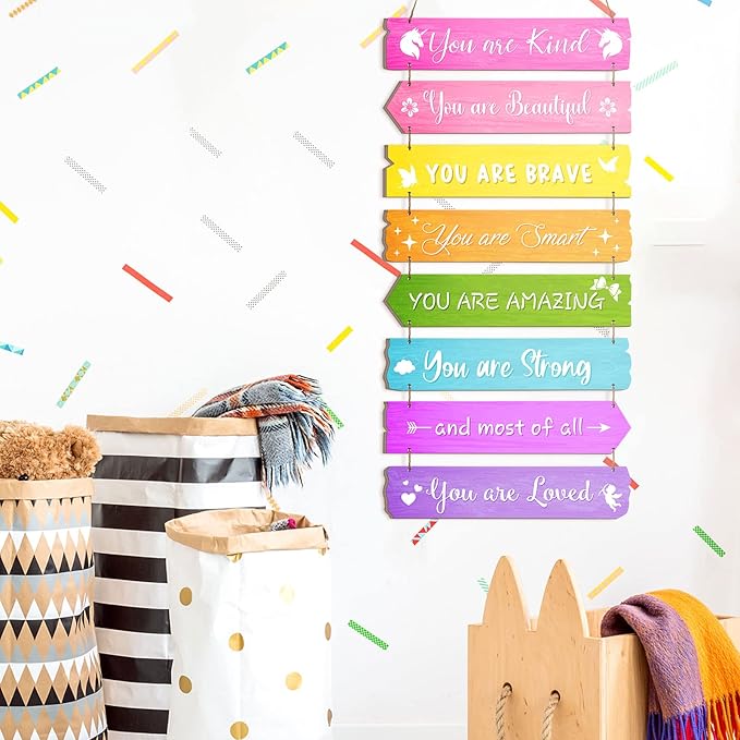 Inspirational Girl Room Decor Aesthetic Art Wall Hanging Sign Inspiring Colorful Rainbow Wooden Decoration for Kids Teens Toddler Boy Baby Bedroom Nursery Dorm Decor, 6-12 Years old(Unicorn)