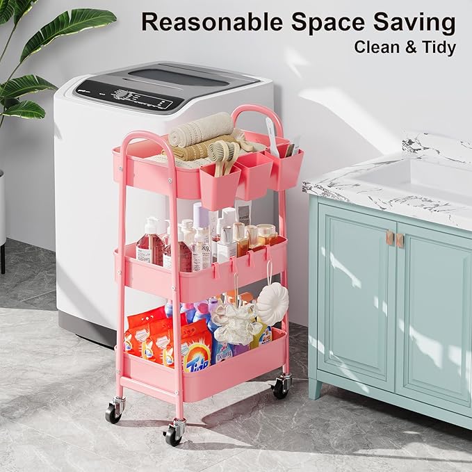 3 Tier Metal Rolling Cart with Lockable Wheels and Handle, Three Tiered Pink Trolley Cart on Wheels, Utility Storage Organizer for Bathroom, Kitchen, Teachers, Art, Crafts, Baby Diaper, Snack, Nail