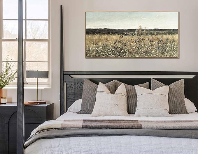DJSYLIFE Framed Wall Art Decoration, Vintage Wildflower Field Canvas Wall Art, Classical Flowers Landscape Painting Prints, Farmhouse Cottagecore Living Room Decor, Modern Home Bedroom Decor 20"x40"