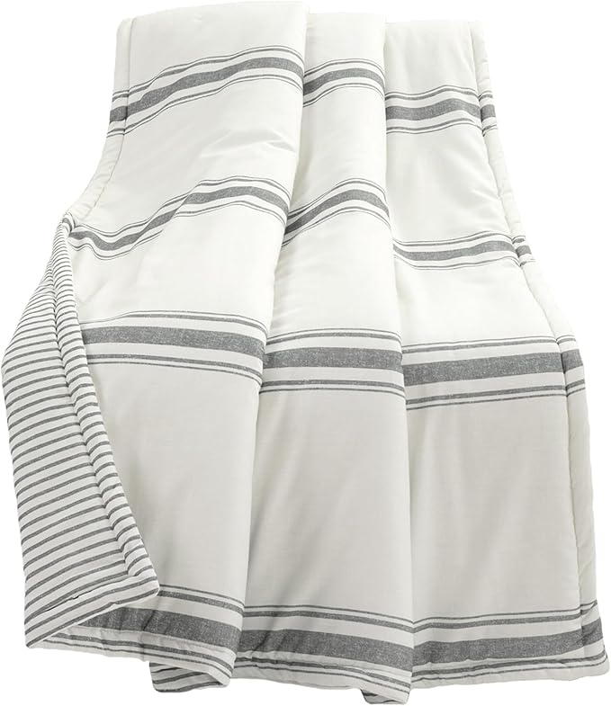 Lush Decor Farmhouse Stripe Reversible Throw, Single, 50" W x 60" L, Dark Gray - Throw Blanket For Bed - Soft Blanket - Couch Throw - Rustic Farmhouse Decor