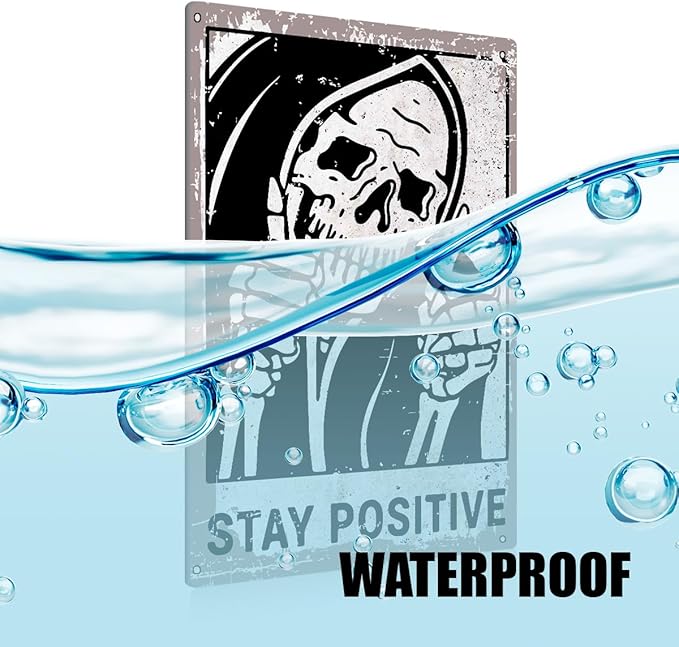 BEASTZHENG Vintage Stay Positive Skull Sign Metal Tin Sign Wall Décor Funny Retro Sign for Home Living Room Bedroom Halloween Decor Gifts - 8x12 Inch