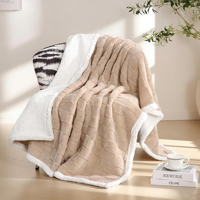 Sherpa Throw Blanket for Couch, Flannel Cozy Soft Thick Blanket for Bed - Fleece, Beige, 60x80 Inches