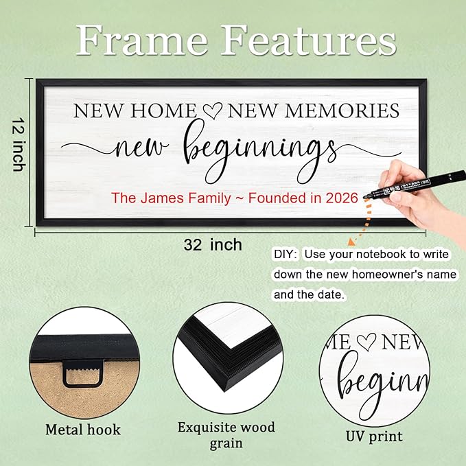 New Home, New Memories, New Beginnings Wall Decor Sign – 32x12 Inch Framed Wooden Sign with Writable Family Name & Year Space, Rustic Farmhouse Housewarming Gift for New Home, Entryway, Living Room, Black