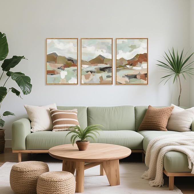 CHDITB Abstract Wall Art, Neutral Pastel Illustration Framed Canvas Poster, Modern Artwork For Walls, Minimalist Wall Art 3 Pieces, Mountain Painting For Living Room Bedroom Dining Room Decor 12X16